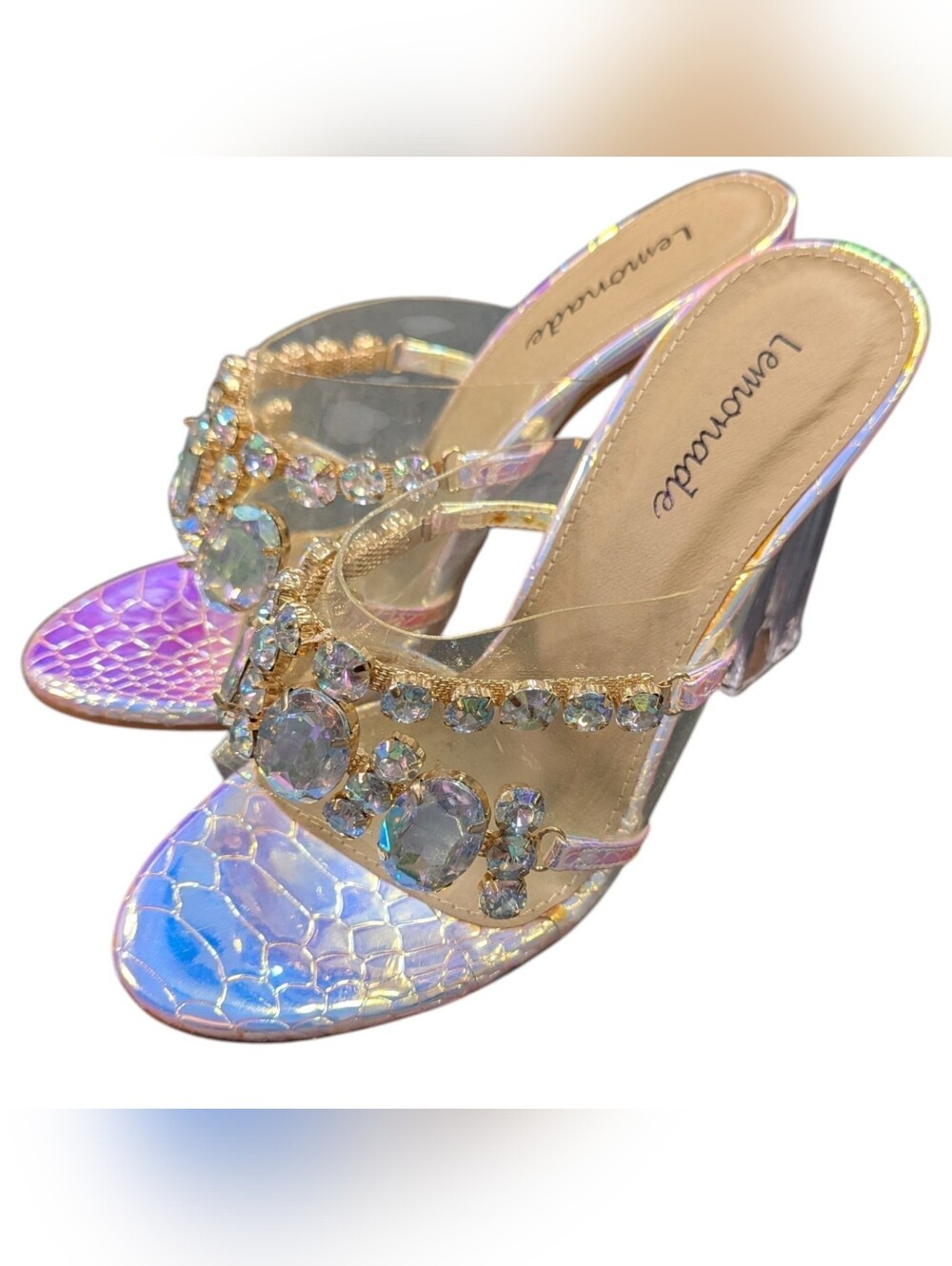 Lemonade Holographic Crystal Clear Wedge Slide Sandals Sz 7 Club Glam Fairy